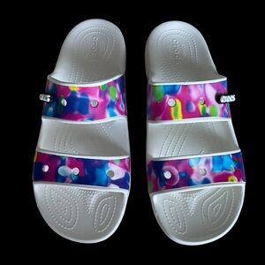 Crocs Sandals Slides Mens 11 Pink Tie-Dye Two-Strap Classic Solarized Jibbitz